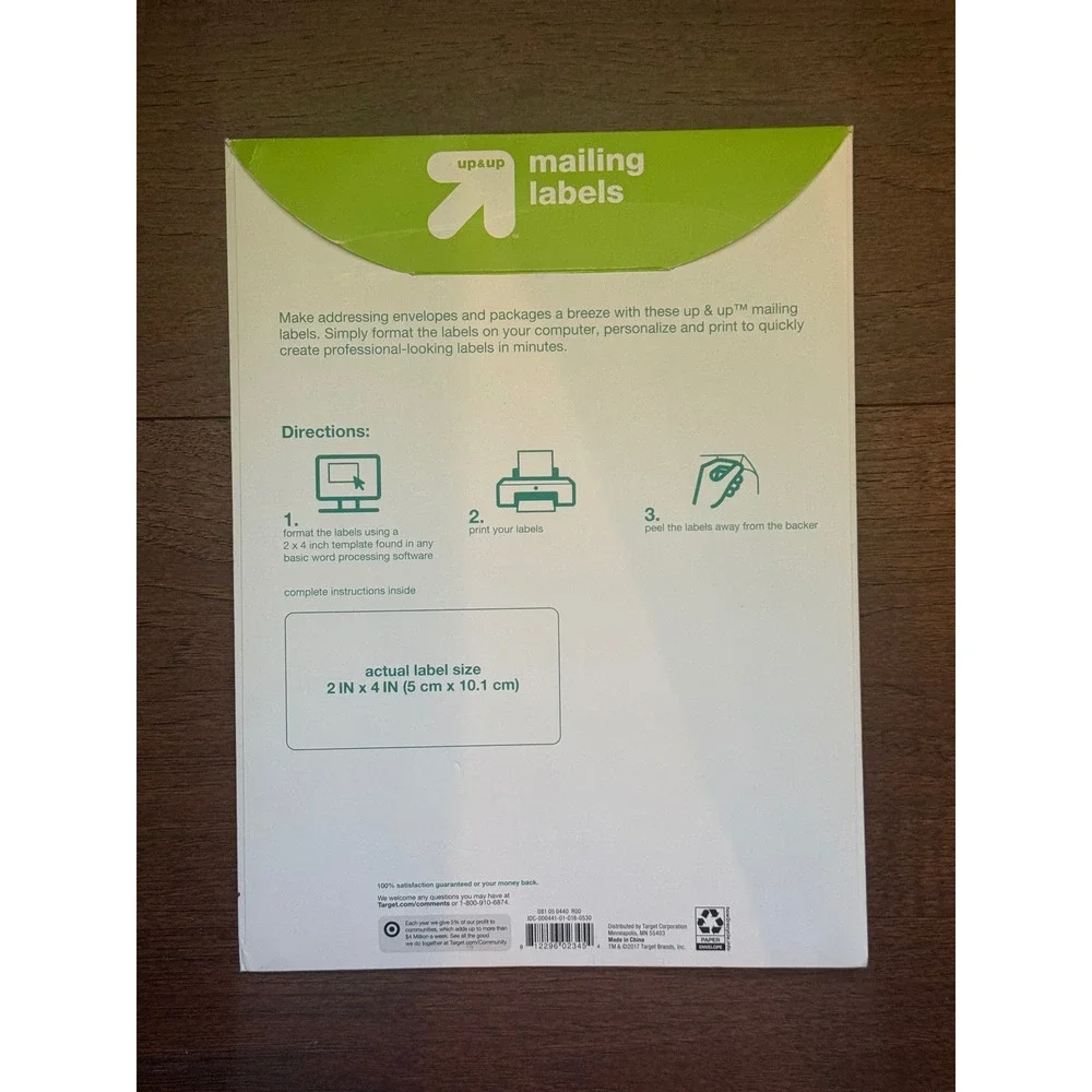 Up & Up White Matte Mailing Labels 2 x 4 Inch Inkjet Laser 8 Sheets 80 Count